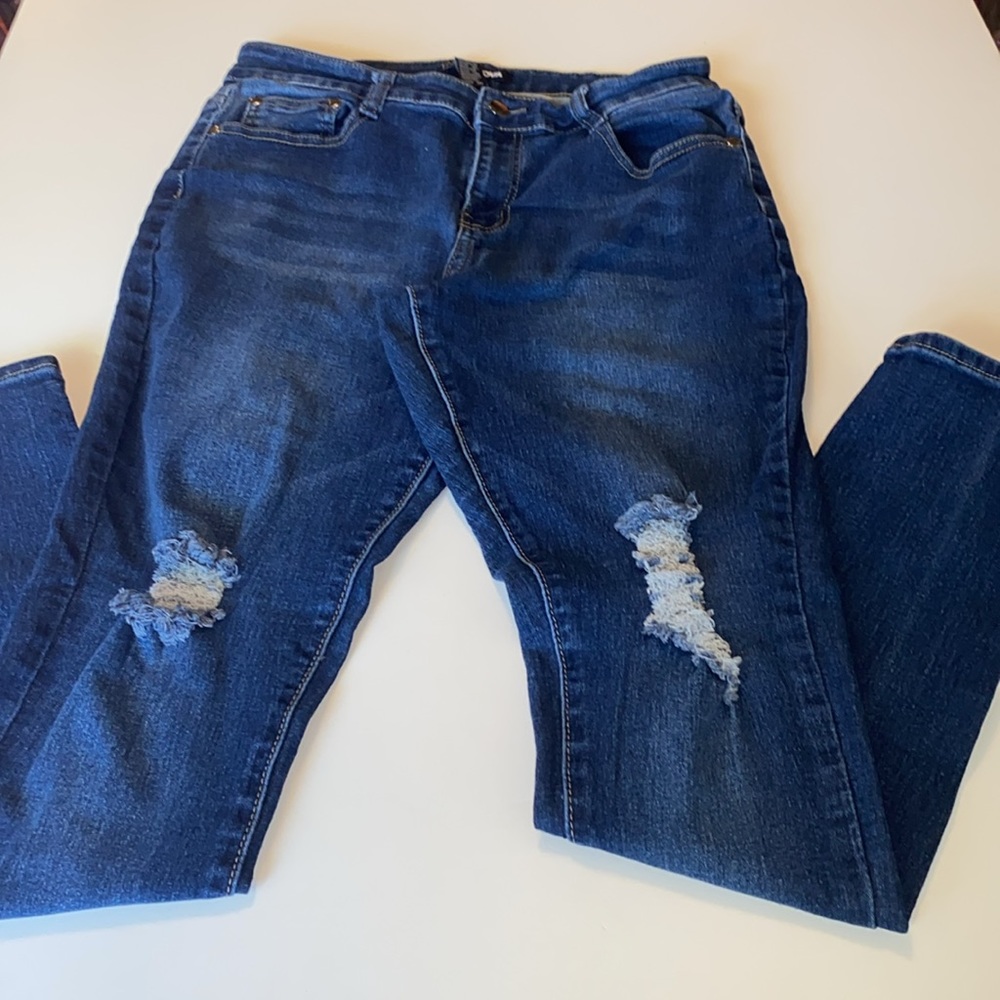 FASHIONNOVA Dark Blue Distressed Skinny Jeans
